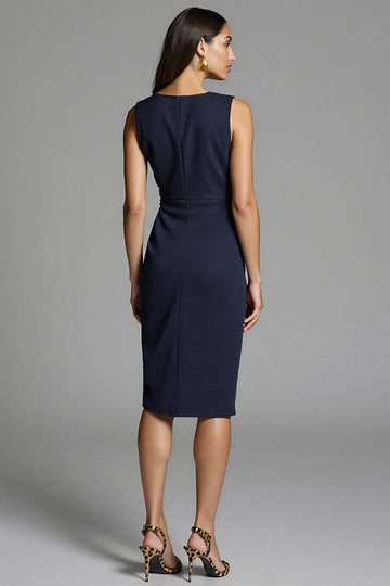 Navy Bodycon Ruched V-Neck Satin Midi Work Dress